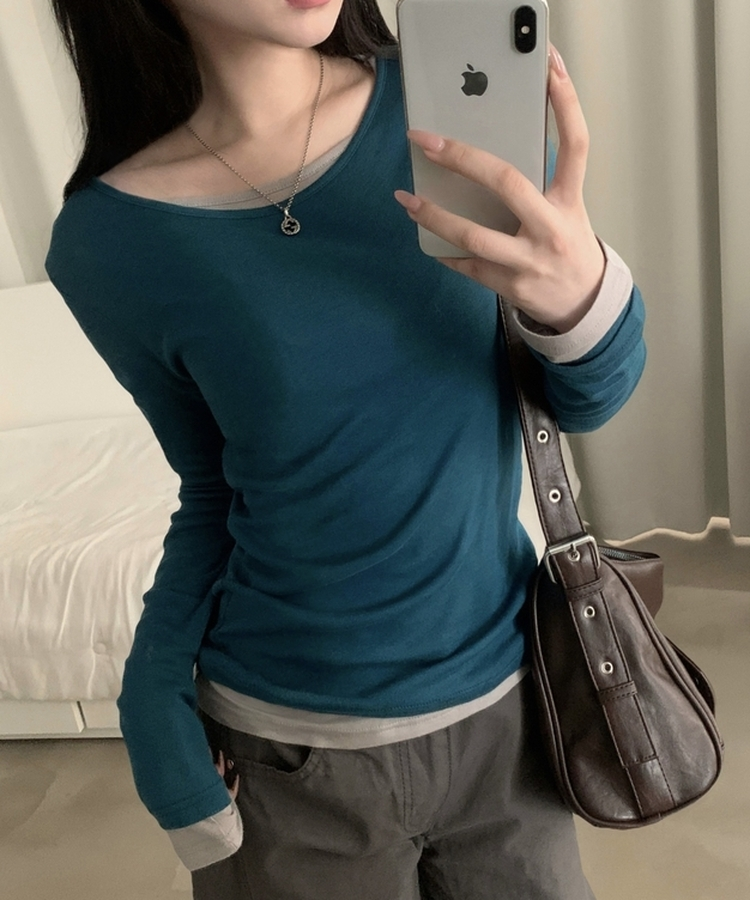 루머 뉴레이어드 텐셀 코튼 롱 슬리브 긴팔티셔츠 블루