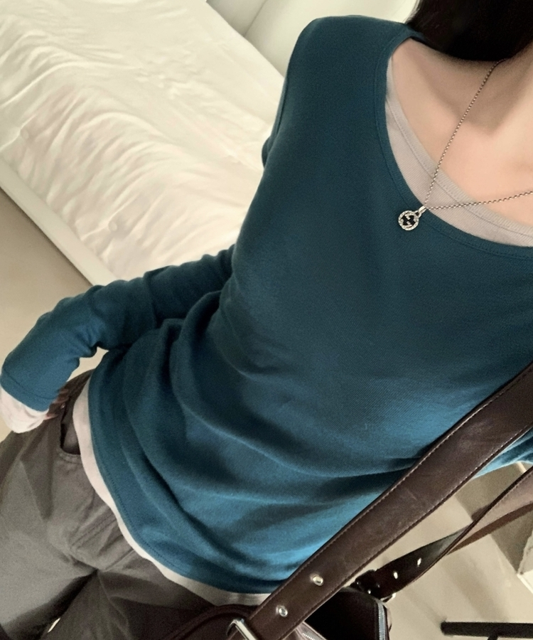 루머 뉴레이어드 텐셀 코튼 롱 슬리브 긴팔티셔츠 블루