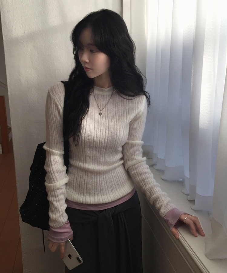 루머 뉴레이어드 텐셀 코튼 롱 슬리브 긴팔티셔츠 핑크