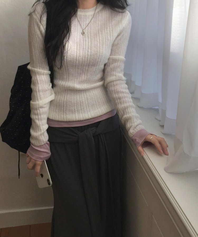 루머 뉴레이어드 텐셀 코튼 롱 슬리브 긴팔티셔츠 핑크