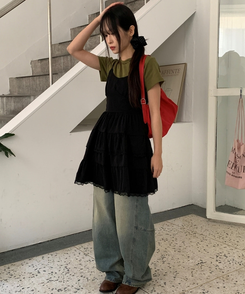 Vネックレースブラウスワンピース BLACK