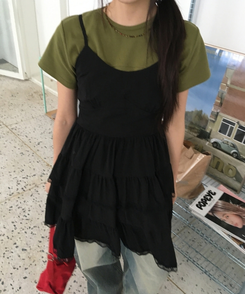 Vネックレースブラウスワンピース BLACK