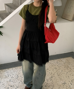 Vネックレースブラウスワンピース BLACK