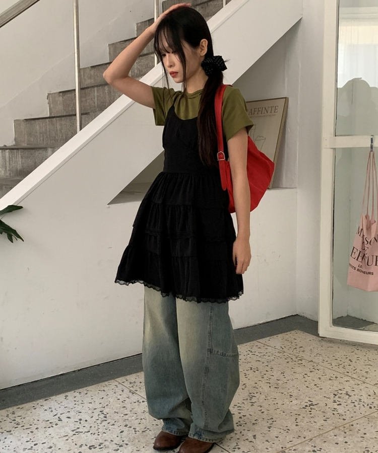 Vネックレースブラウスワンピース BLACK