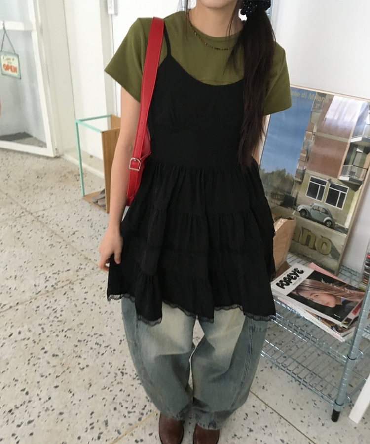 Vネックレースブラウスワンピース BLACK