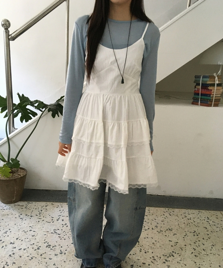 Vネックレースブラウスワンピース WHITE