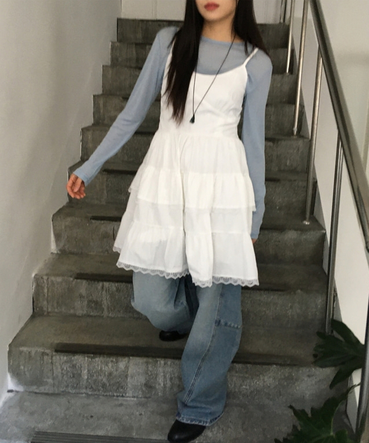 Vネックレースブラウスワンピース WHITE