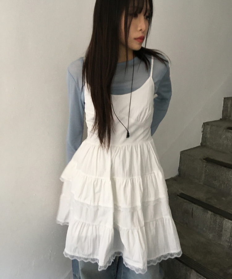 Vネックレースブラウスワンピース WHITE