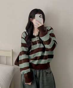 ストライプヘンリーネックニット MINT