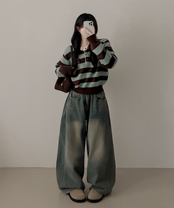 ストライプヘンリーネックニット MINT