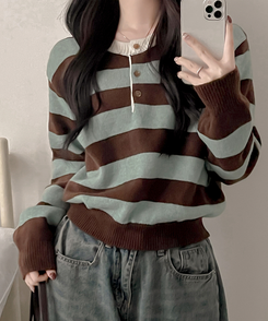 ストライプヘンリーネックニット MINT