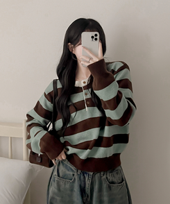 ストライプヘンリーネックニット MINT