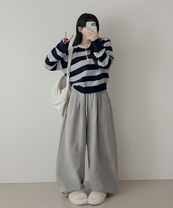 ストライプヘンリーネックニット SKY BLUE