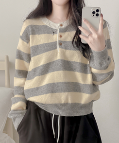 ストライプヘンリーネックニット YELLOW