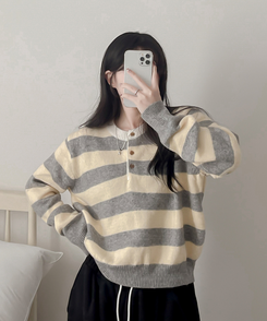 ストライプヘンリーネックニット YELLOW