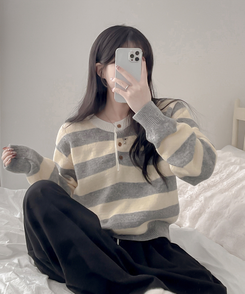 ストライプヘンリーネックニット YELLOW