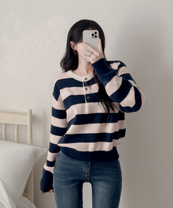 ストライプヘンリーネックニット PINK