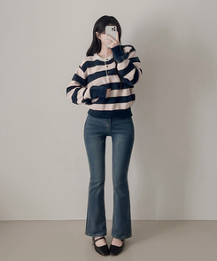 ストライプヘンリーネックニット PINK