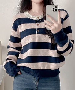 ストライプヘンリーネックニット PINK