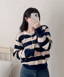 ストライプヘンリーネックニット PINK