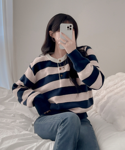 ストライプヘンリーネックニット PINK