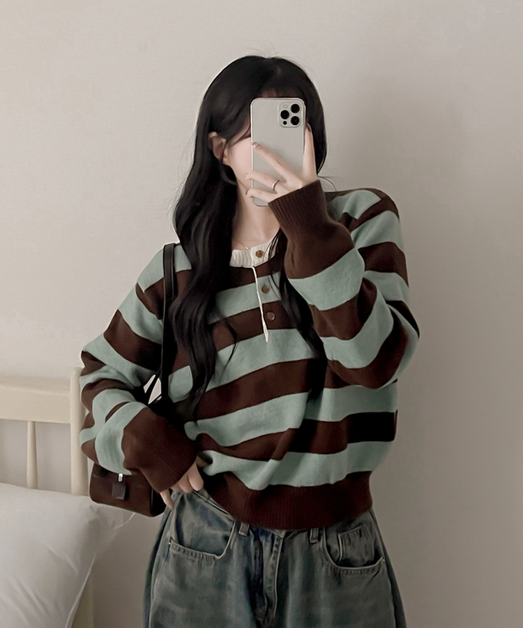ストライプヘンリーネックニット MINT