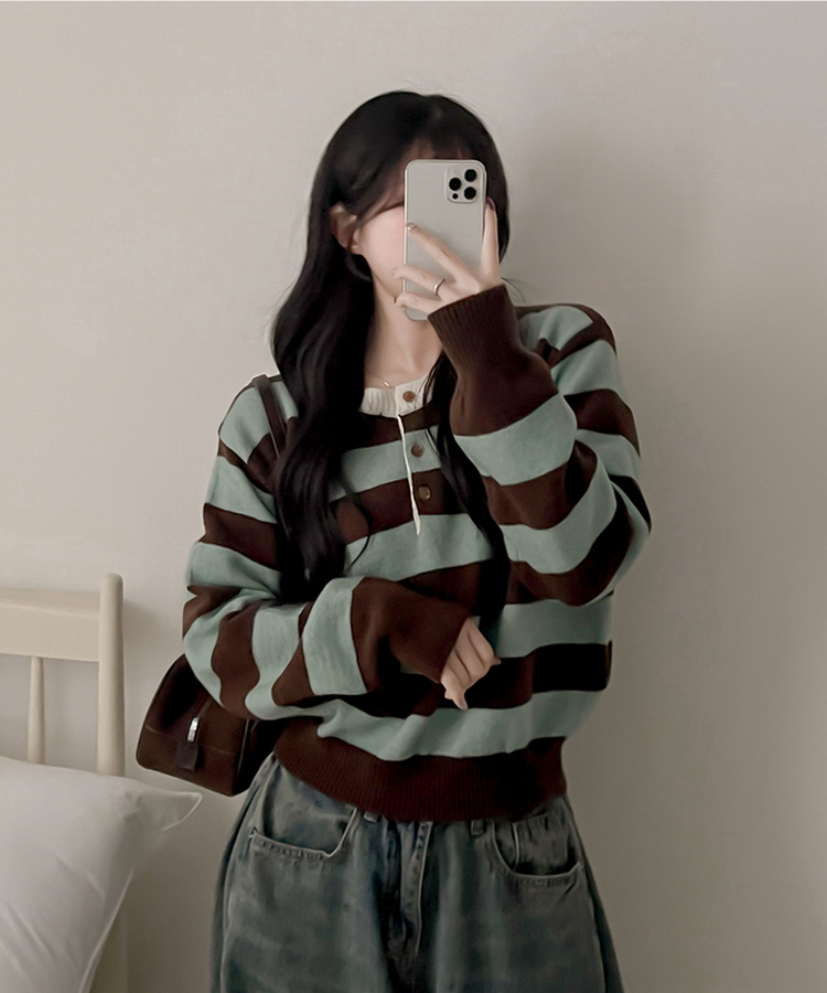 ストライプヘンリーネックニット MINT
