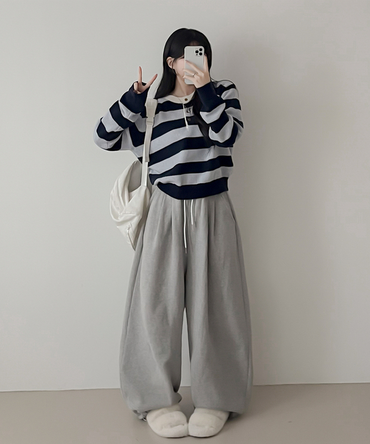 ストライプヘンリーネックニット SKY BLUE