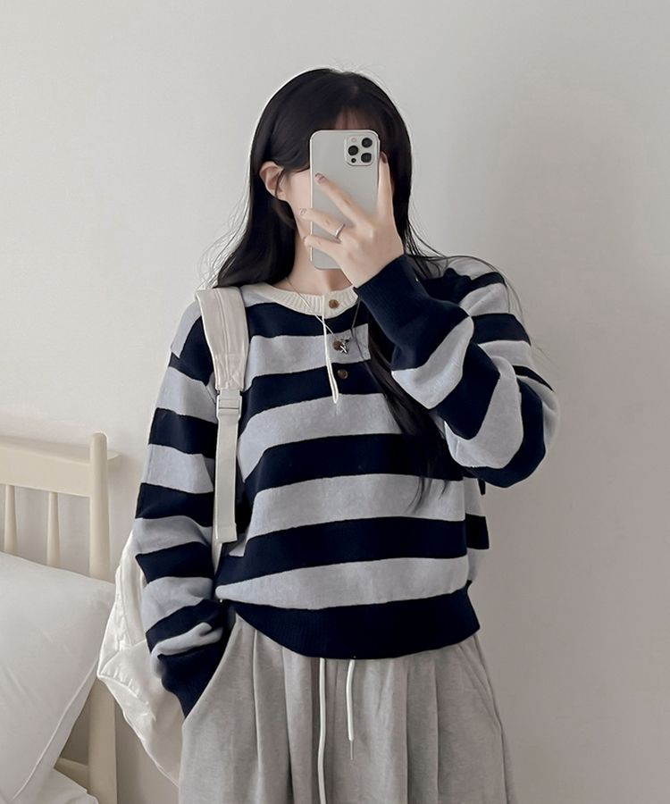 ストライプヘンリーネックニット SKY BLUE