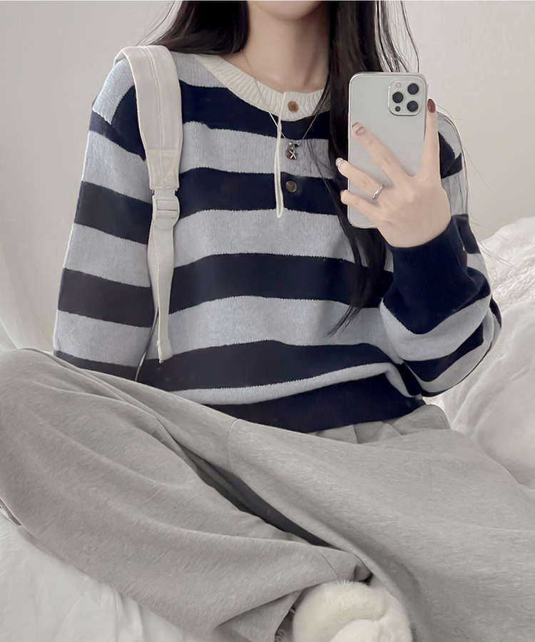 ストライプヘンリーネックニット SKY BLUE