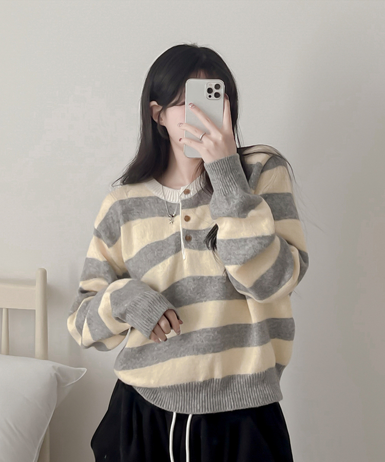 ストライプヘンリーネックニット YELLOW