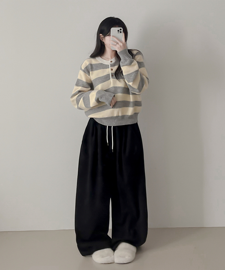 ストライプヘンリーネックニット YELLOW