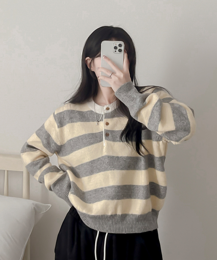 ストライプヘンリーネックニット YELLOW