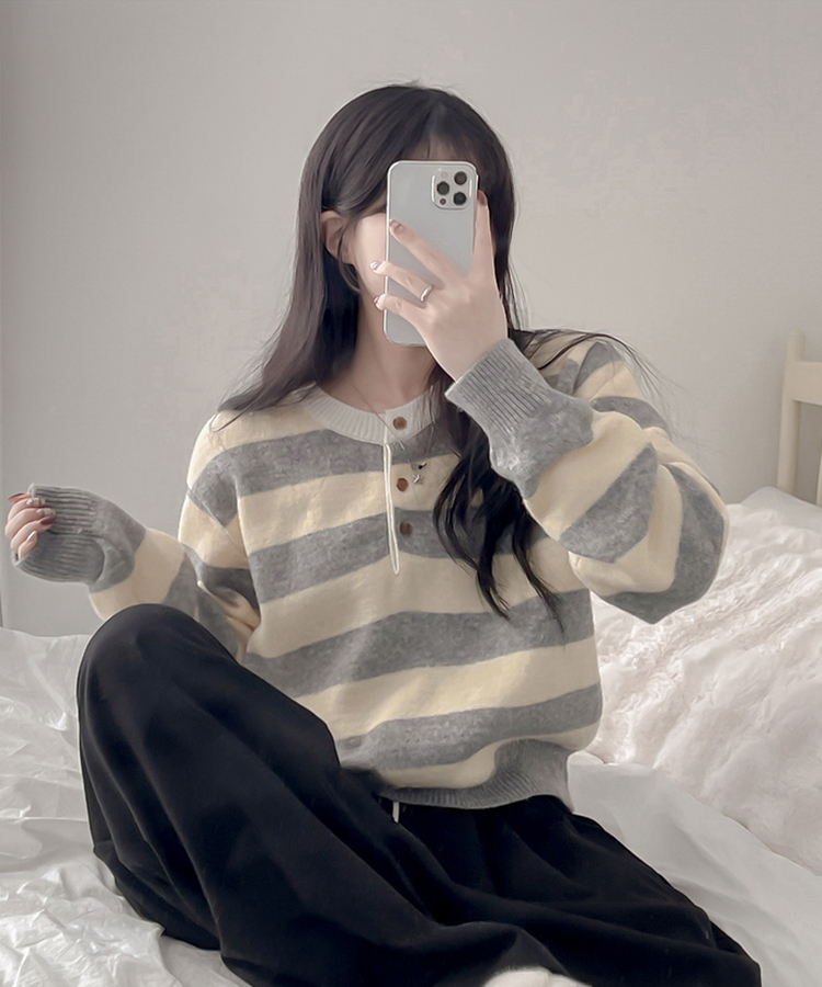 ストライプヘンリーネックニット YELLOW