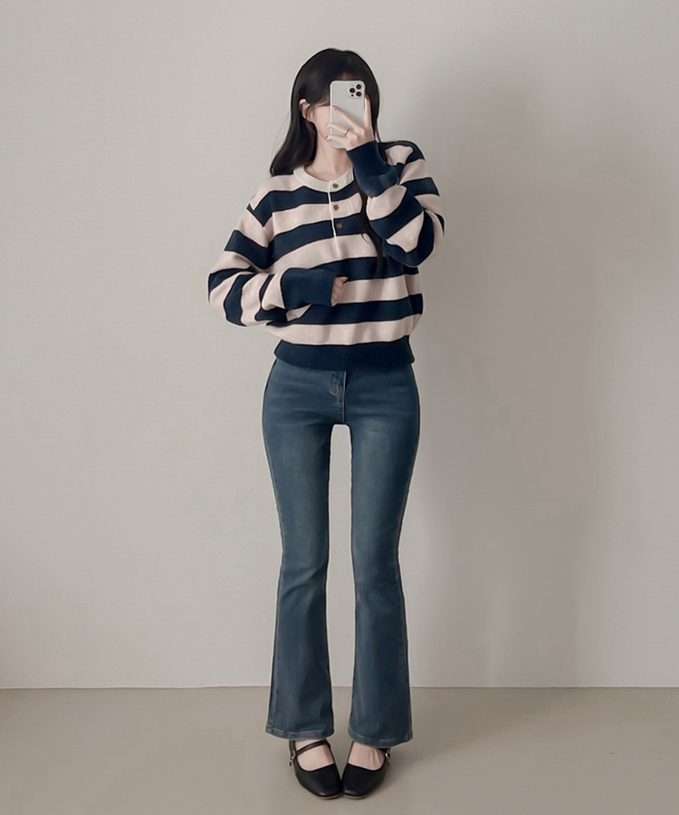 ストライプヘンリーネックニット PINK