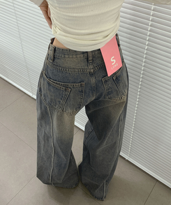 【丈別】ツーポケットバックポケットワイドデニムパンツ(5color) MID DENIM
