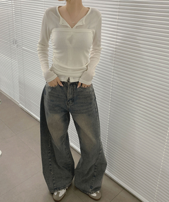 【丈別】ツーポケットバックポケットワイドデニムパンツ(5color) MID DENIM