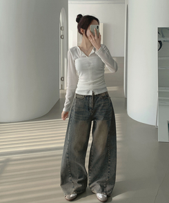 【丈別】ツーポケットバックポケットワイドデニムパンツ(5color) MID DENIM