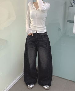 【丈別】ツーポケットバックポケットワイドデニムパンツ(5color) BLACK DENIM