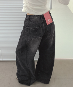 【丈別】ツーポケットバックポケットワイドデニムパンツ(5color) BLACK DENIM