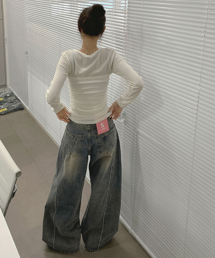 XL투포켓 백포켓 커브드 절개 라인 와이드 데님 팬츠 중청