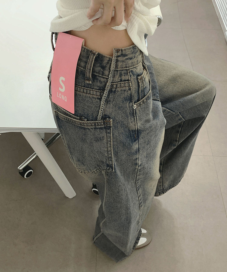 XL투포켓 백포켓 커브드 절개 라인 와이드 데님 팬츠 중청