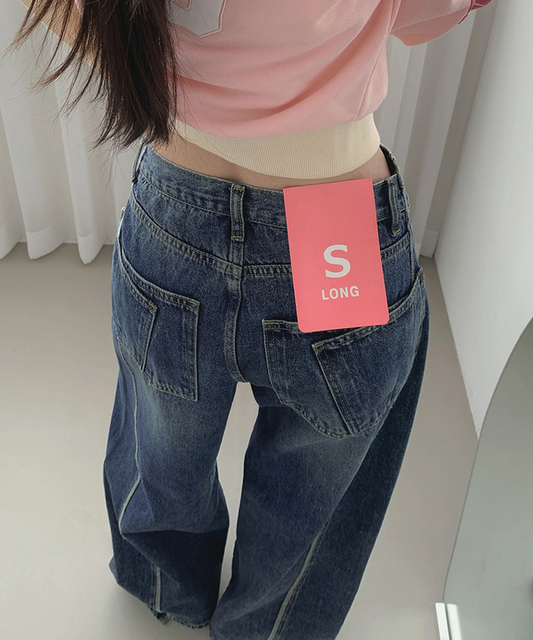 XL투포켓 백포켓 커브드 절개 라인 와이드 데님 팬츠 진청