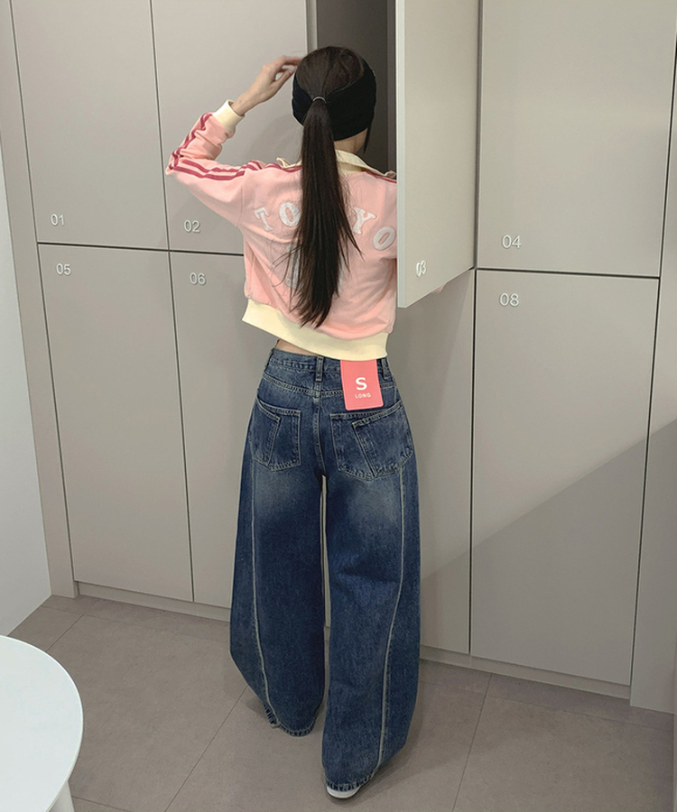 XL투포켓 백포켓 커브드 절개 라인 와이드 데님 팬츠 진청