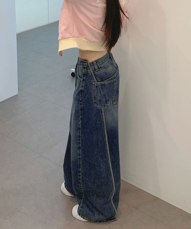 XL투포켓 백포켓 커브드 절개 라인 와이드 데님 팬츠 진청