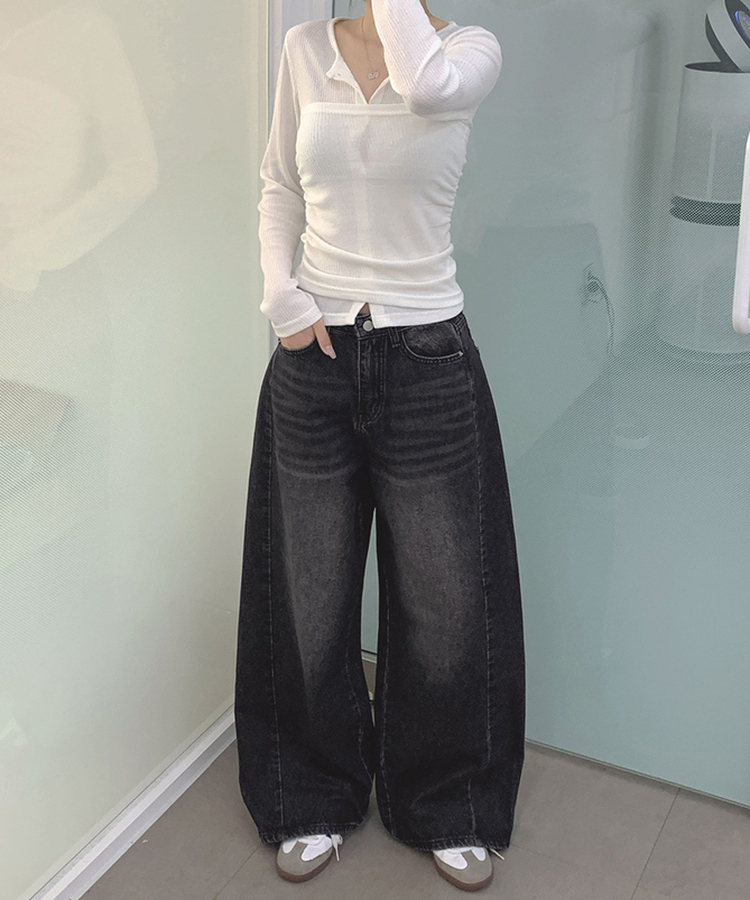 【丈別】ツーポケットバックポケットワイドデニムパンツ(5color) BLACK DENIM