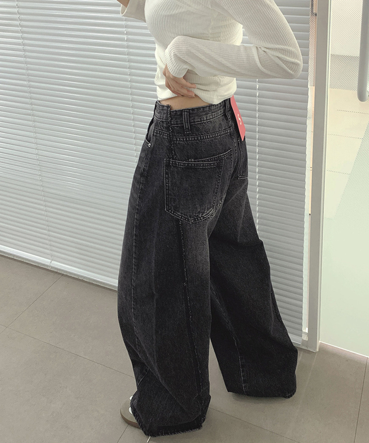 【丈別】ツーポケットバックポケットワイドデニムパンツ(5color) BLACK DENIM