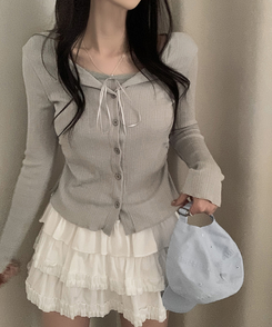 リボンレースレイヤードTシャツ GREY