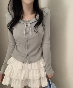 リボンレースレイヤードTシャツ GREY