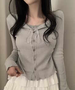 リボンレースレイヤードTシャツ GREY